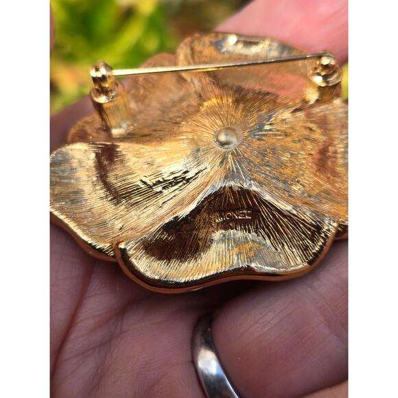 Vintage Monet Orange Enamel & Rhinestone Flower Brooch Pin, Gold Tone - Picture 10 of 10